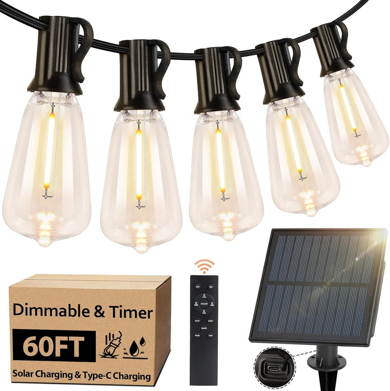 Bosceos Solar Outdoor String Lights Waterproof, 60FT Solar Powered String Lights for Outside with Shatterproof Bulbs, Dimmable ST38 LED Lights String, Patio Hanging Lights for Backyard Garden Party - Image 1